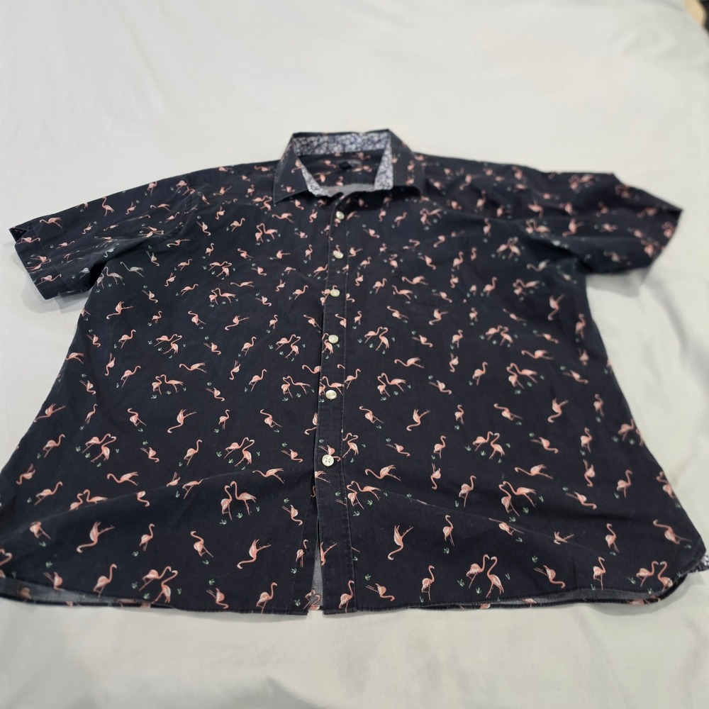 Van Heusen Button Down Mens XXL Navy Pink Excellent Flamingo Print Shirt 5021163